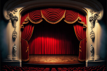 Elegant traditional theater stage with red velvet curtain and seats. To create a moving and solemn theatrical display. Intensity, luxury and demesne. Generative AI