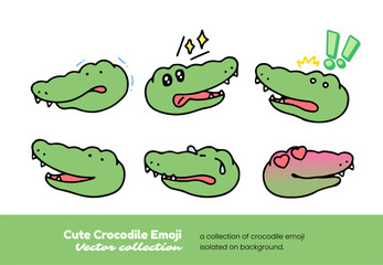A set of cute crocodile emojis showing anxiety, pleading, shock, and crying, isolated on a background vector illustration.