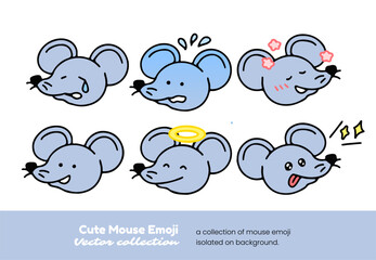 A set of cute mouse emojis crying, pleading, showing anxiety, and smiling, isolated on a background vector illustration.
