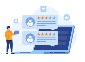 Rate us for 5 stars consumer review, pointing to five stars as a rating result, user rating or feedback. Flat vector illustration banner