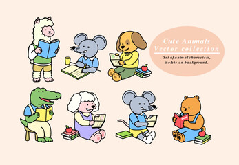 A set of cute animals reading a book, including alpaca, dog, mice, crocodile, and bear, isolated on a background vector illustration.