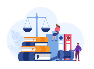 Law and justice scenes. lawyer consulting client, judge knocking with wooden hammer. Legal advice concept. Flat vector illustration banner