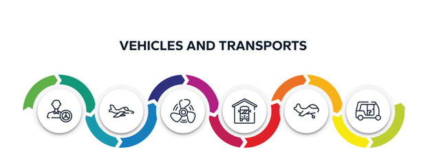 vehicles and transports outline icons with infographic template. thin line icons such as instructor, army airplane, ship propeller, bus depot, small plane, null vector.