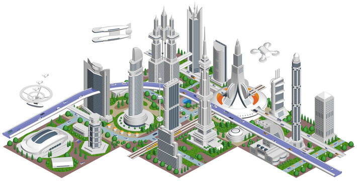 ブロックのように組み合わせれば大きな未来都市になる街並みイラスト「ブロックタウン未来都市A」
バリエーションあり