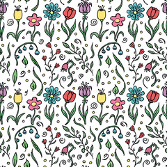 Seamless floral pattern. Doodle background with flowers. Spring pattern
