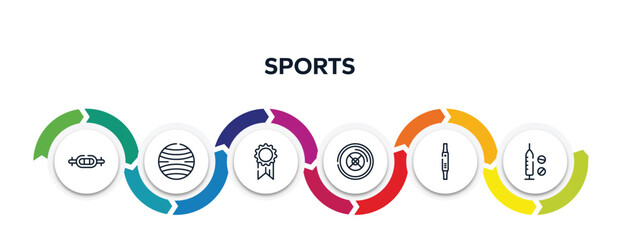 sports outline icons with infographic template. thin line icons such as swiss bar, yoga ball, first place, weight plates, fitness watch, doping vector.