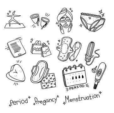 menstruation women  illustration period tampon sanitary napkin menstrual cup doodle collection pans test pregnancy