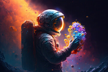 Obraz na płótnie Canvas a man in a astronaut suit holding flowers, generative AI