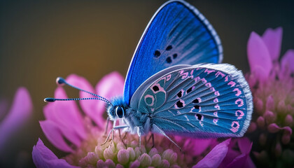 Beautiful blue butterfly on a pink flower in nature makro beautiful details, close-up, breathtaking details, beautiful colours, backdrop and blur. AI Generated Art.