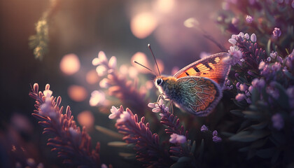 Beautiful colorful floral background with butterfly, makro, with backdrop and blur, orange butterfly on pink and purple flowers. Close-up. AI Generated Art.