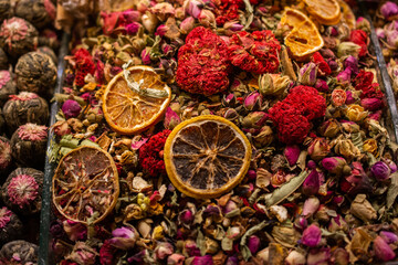 Dried tea,  fruits, herbs, flowers  at Istanbul Spice Bazaar