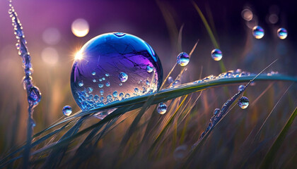 Beautiful large waterdrops of morning dew in spring nature beautiful light, big waterdrop, makro, waterdrop with beautiful backlight, magic lighting, gras with waterdrop, background. AI Generated Art.