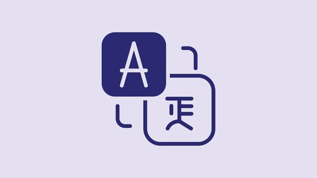 Blue Translator icon isolated on purple background. Foreign language conversation icons in chat speech bubble. Translating concept. 4K Video motion graphic animation