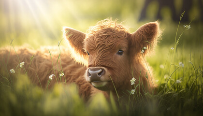 Greenish secret meadow with highland cattle calf with blur and beautiful outcrop, surrounded by nature in beautiful morning light. AI Generated Art.