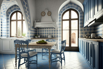 Cocina con azulejos azules y arquitectura tradicional catalana, Cocina moderna y artesanal, creada con IA generativa