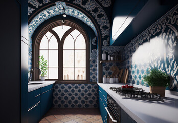 Cocina con azulejos azules y arquitectura tradicional catalana, Cocina moderna y artesanal, creada con IA generativa - obrazy, fototapety, plakaty