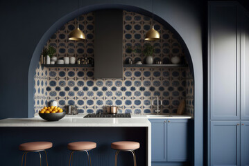 Cocina con azulejos azules y arquitectura tradicional catalana, Cocina moderna y artesanal, creada con IA generativa