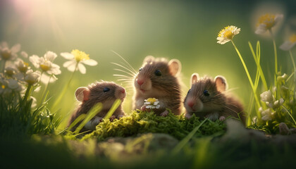 Secret meadow with mouse family with blurry outcross, in beautiful nature, morning light, blurry backgound, green field, makro. AI Generated Art.