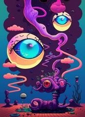 Naklejka premium Psychedelic hallucinations. Vibrant illustration. Surreal images. Template for cards, stickers, baners, posters, web, social media, print.