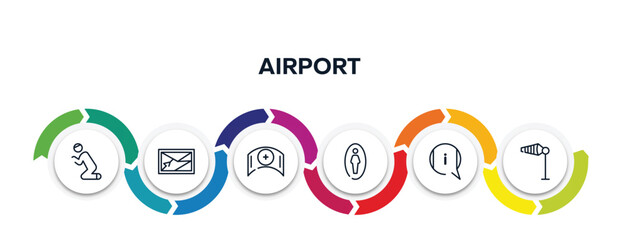 airport outline icons with infographic template. thin line icons such as praying, navigator, nursing, men toilet, information, wind flag vector.