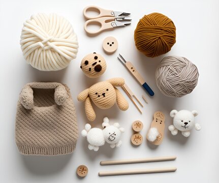 Materiales de ganchillo amarillo para hacer un amigurumi, proyecto de crochet , manualidades artesanales punto de cruz, creada con IA generativa