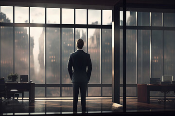Fototapeta premium Business person looking out office window at city. AI Generative