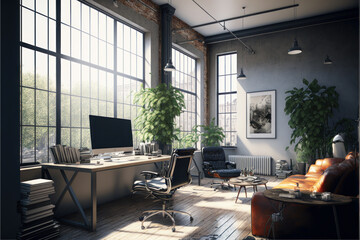 Oficinas de lujo, estudio de arquitectura con grandes ventanales y un diseño moderno, creada con IA generativa