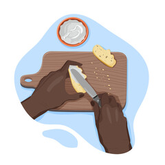 Hands of black person spread cream chese on crispy slice of bread with knife on a wooden cutting board with crumbs from personal point of view. Process of cooking. Vector flat isolated concept