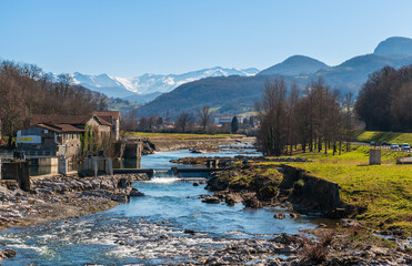 River of Salat and the Pyrenees in Saint Girons, in Ariège, in Occitanie, France