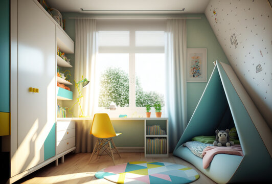 Dormitorio de un niño pequeño con espacio para los juguetes y el estudio, creada con IA generativa