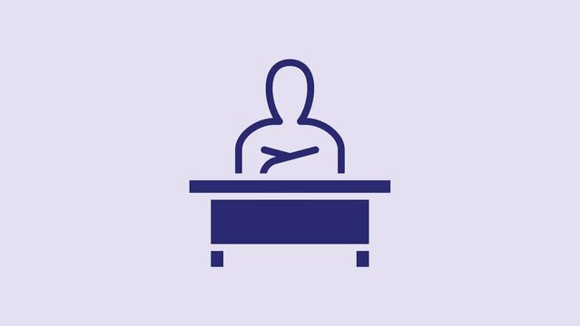 Blue Schoolboy sitting at desk icon isolated on purple background. 4K Video motion graphic animation