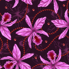 Seamless pattern with Cattleya Orchid flower, string of red beads on dark background. SIlhouette of orchidea behind. © OA_Creation