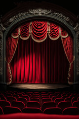 Typical theater poster with an elegant red curtain and a stage. A perfect image for theatrical projects highlighting the historical and moving atmosphere. Generative AI - obrazy, fototapety, plakaty