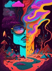 Psychedelic hallucinations. Vibrant illustration. Surreal images. Template for cards, stickers, baners, posters, web, social media, print.