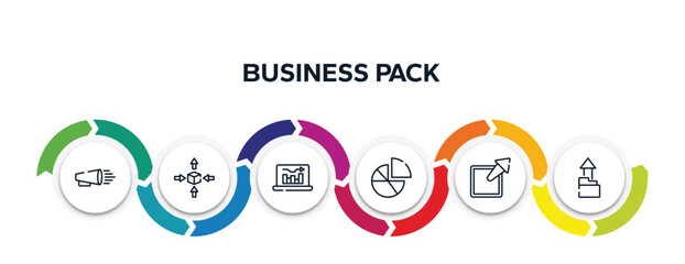 business pack outline icons with infographic template. thin line icons such as product promotion, differentiation, online graph, diagrams, external, upload folder vector.