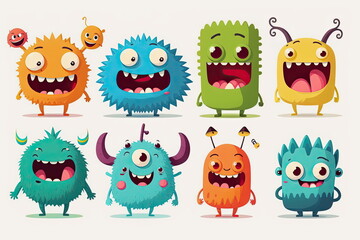 set of cartoon characters,happy and smile, cute monsters, white background, vector illustration, Made by AI,Artificial intelligence