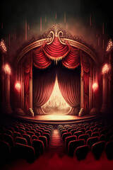 A luxurious and solemn theater setting: red curtain and matching seats. An ideal poster for a classic setting, inspired by the traditions of the theater. Generative AI - obrazy, fototapety, plakaty