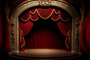 Classic theater decoration: red curtain, red seat. Ideal to create a luxurious and ceremonial atmosphere for the poster of a play. Generative AI