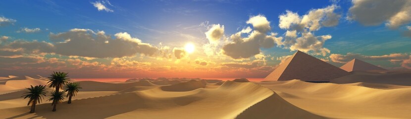 .Pyramids at sunset, Sunrise over the dunes, sand desert at sunset