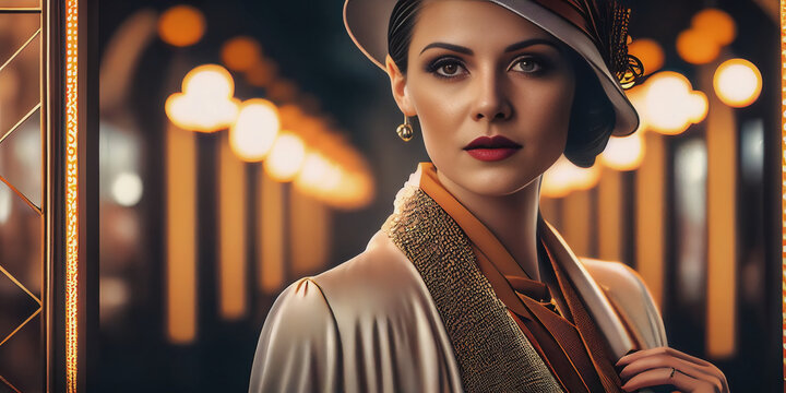 Elegant fashion woman dressed in retro art deco 20s style. Generative AI. (1)