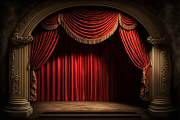 A red curtain and red seats, offering a sober and luxurious atmosphere signifying the tradition of the theater. A perfect image for a play poster. Generative AI