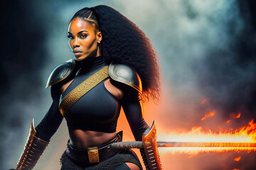 Young black fighter in a bare midriff with powerful shoulder guards and forearm protectors in front of a flaming sword, fantasy depiction, made with generative AI - obrazy, fototapety, plakaty