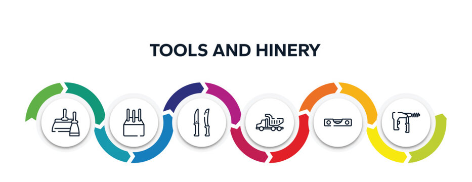 tools and hinery outline icons with infographic template. thin line icons such as two spatulas, concrete, knives, tipper truck, level gauge, big driller vector.