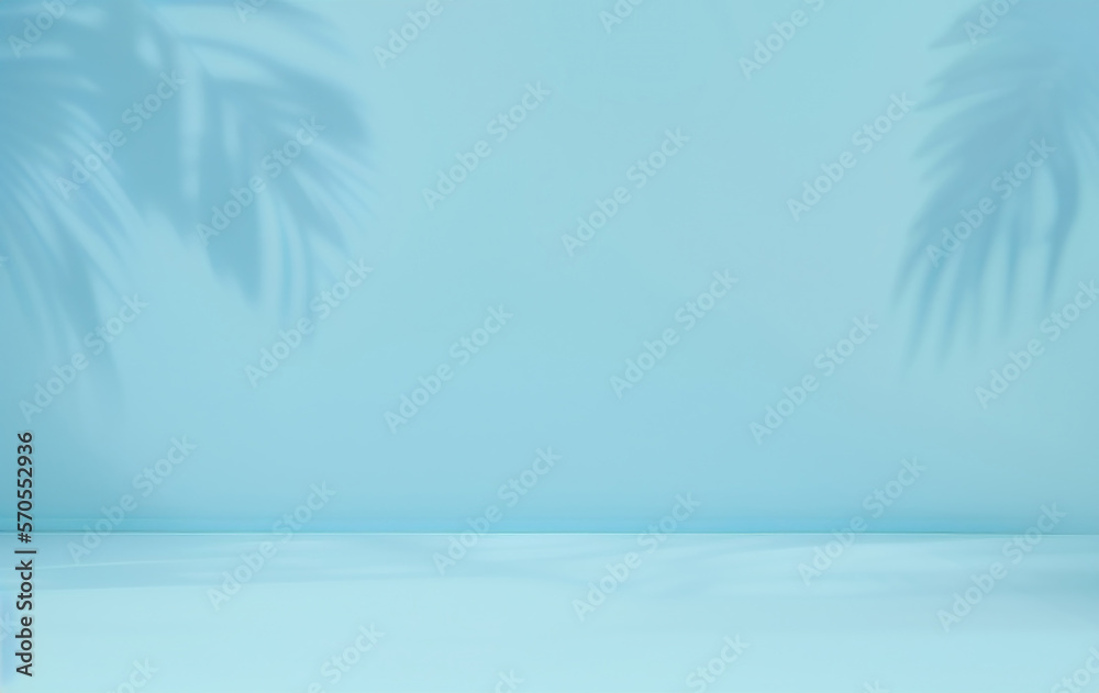 Fototapete blurred shadow from palm leaves on the blue wall. minimal abstract background for product presentati