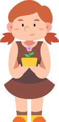 school girl student holding a pot of flower