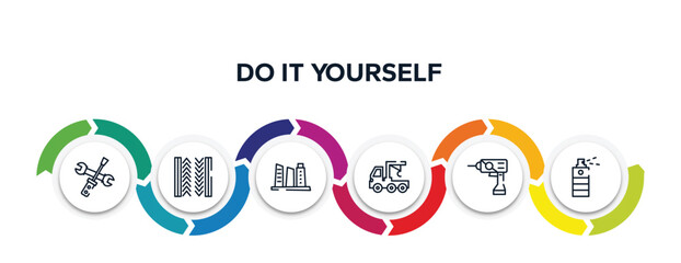 do it yourself outline icons with infographic template. thin line icons such as screwdriver and doble wrench, tiremark, building hand drawn tower, truck with crane, null, paint spray can vector.