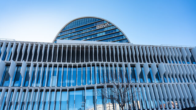 Madrid, Spain, February 4, 2023: Skyscraper building and other BBVA bank office buildings in Madrid.