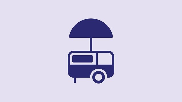 Blue Fast street food cart with awning icon isolated on purple background. Urban kiosk. Ice cream truck. 4K Video motion graphic animation