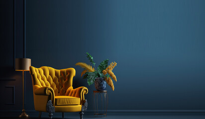 Living room with yellow armchair on empty dark blue wall background. Generative AI