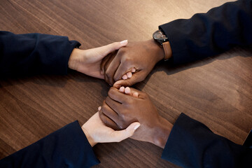 Couple, above and hands of comfort in support of bad news, cancer or diagnosis above a table, unity...